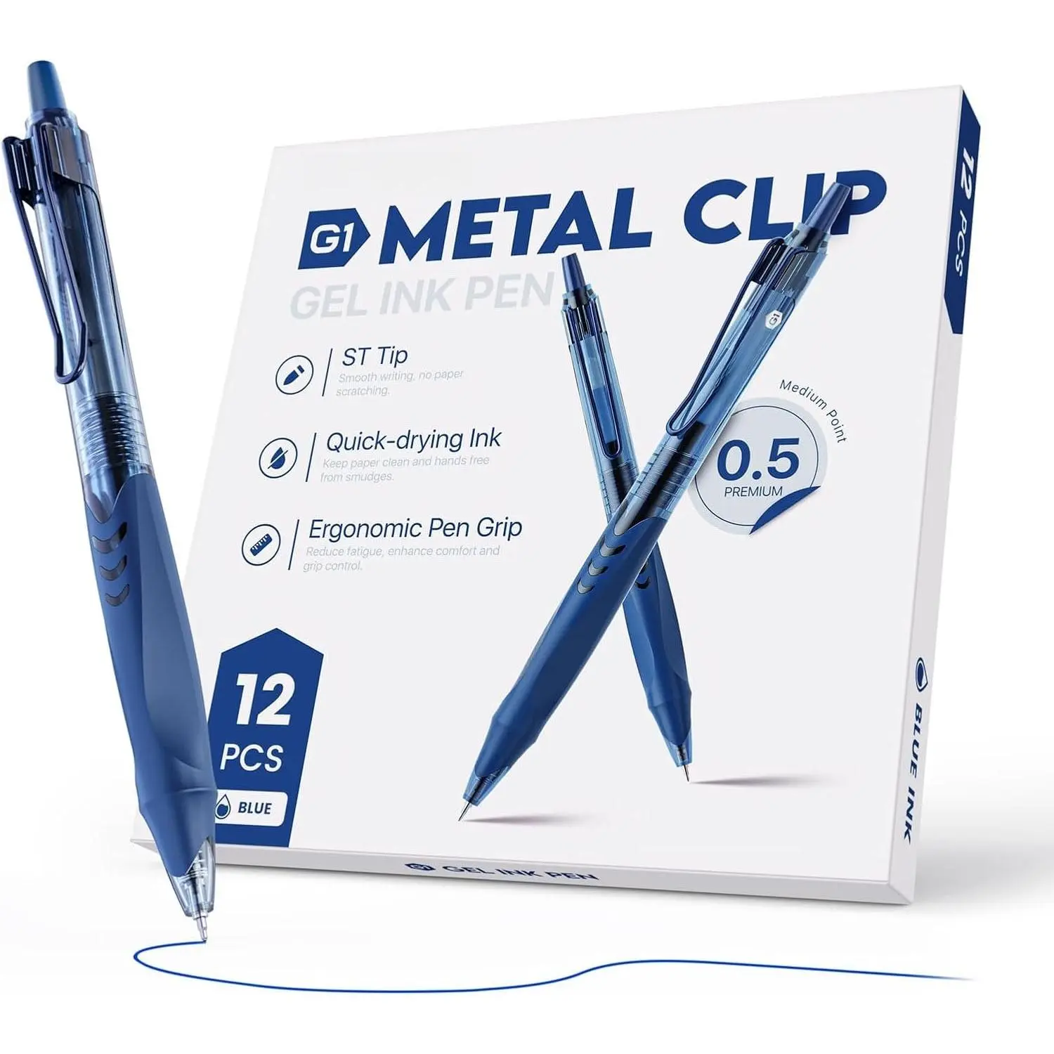 12 Pack Blue Gel Pens, Quick Dry Blue Ink Pen, 0.5mm Fine Point Retractable Smooth Writing Pens for Journaling, Writing, Business Gel Pen for Office School &  Supplies(Blue)