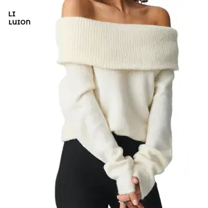 Women's Off Shoulder Crop Sweater Solid Color Boat Neck Long Sleeve Loose Knitwear Pullover