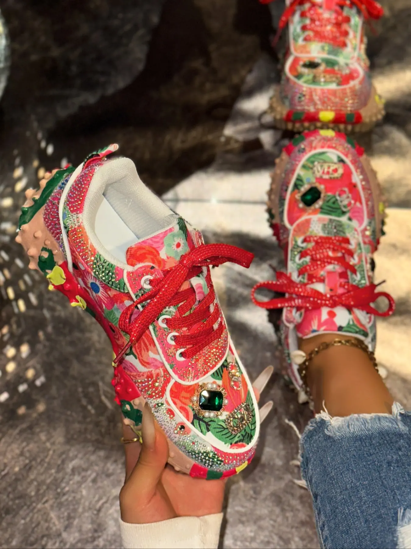 Women's Thick Sole Sparkling Rhinestone Casual Shoes, Floral Decorated Shoe Face, Unique Design Durian Spiky Sole, Fashion Versatile Sneakers Walking Shoes