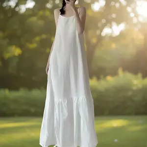 Cotton and linen solid color dress, simple patchwork camisole skirt, 2026 summer temperament women's clothing new loose artistic outfitRAIMENTRY