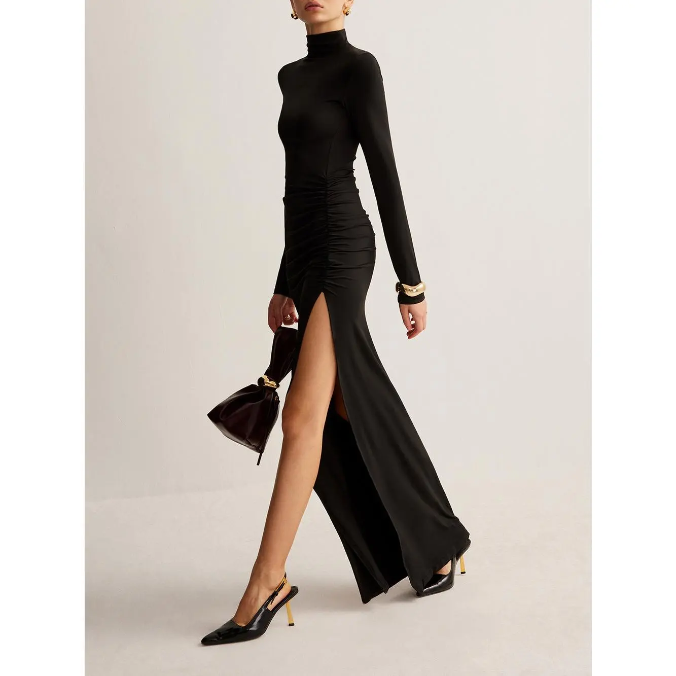 Women's Casual Stand-Collar, Pleated, Slit Jersey Dress