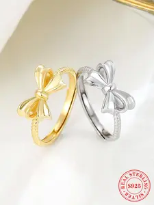 S925 Sterling Silver Cute Bowknot Design Ring, Fashion Accessories for Women & Girls, Trendy All-match & Exquisite Jewelry for Birthday Gift