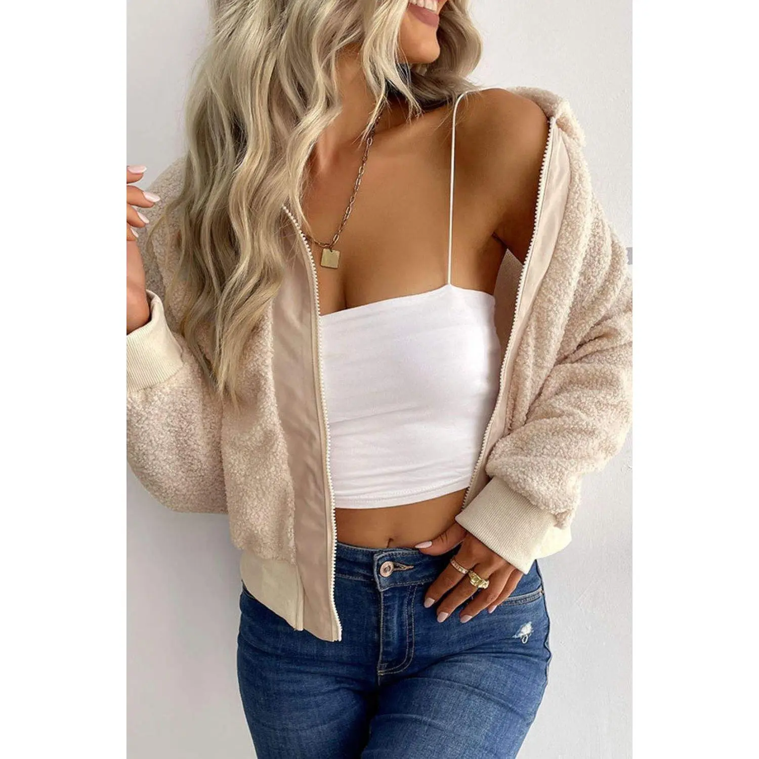 Zip-Up Sherpa Collared Neck Jacket with Pockets