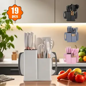 White Silicone Kitchen Utensils Set with Natural Wood Handles - BPA-Free, Non-Scratch, Insulation, Handy Tools for Nonstick Cookware, Glass Pans & Stirring, Multiple-Piece Set with Clasp Opener