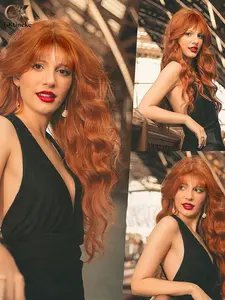 GKtineke Women's Long  Wave Middle Curl Wig with Straight Bangs, Ginger Copper Gradual Natural Wig, 26 Inches, Synthetic Material, Heat Resistant, Daily Use, Synthetic Curly Wigs