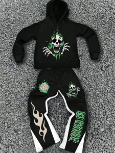 Men's Skull & Flame Print Hoodie Set, Long Length Graphic Sweatshirt and Pants, Casual Fitted for Fall & Winter