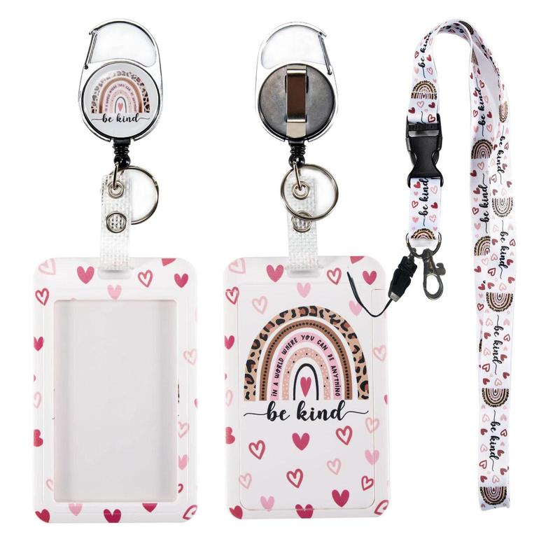 Heart Pattern ID Badge Holder with Lanyard, Badge Holder with Retractable Badge Reel for Women, Employee Card and Name Tag Holder for Office, School, Retractable Badge Holders