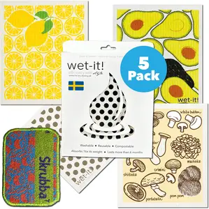 Wet-it! Swedish Sponge Cleaning Cloth Mushroom Set 4 Pack with Bonus Skrubba Cotton Glass - Soft Thick Absorbent Cloths for Floors Sinks Pots Walls Eco-Friendly Reusable Dishwasher Safe - Household