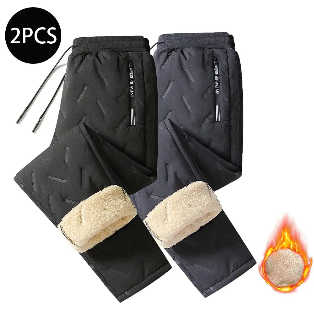 Men's Thick Fleece-Lined Winter Pants, Simple Straight-Leg Menswear Trousers with a Mid Waist, Elastic Waistband and Zipper Pockets, Casual Comfy Elastic, Straight Trousers, Outfits, Polyester Weave