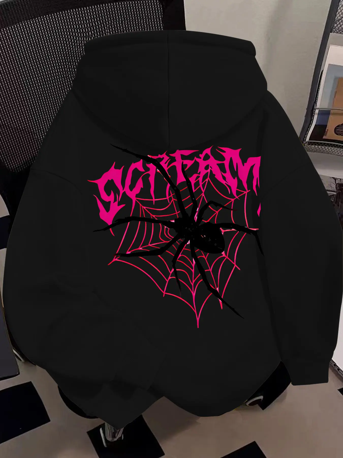 Pink Heart Spider Web Gothic Graphic Hoodie 100% Cotton Unisex Oversized Pullover Sweatshirt Edgy Back Print