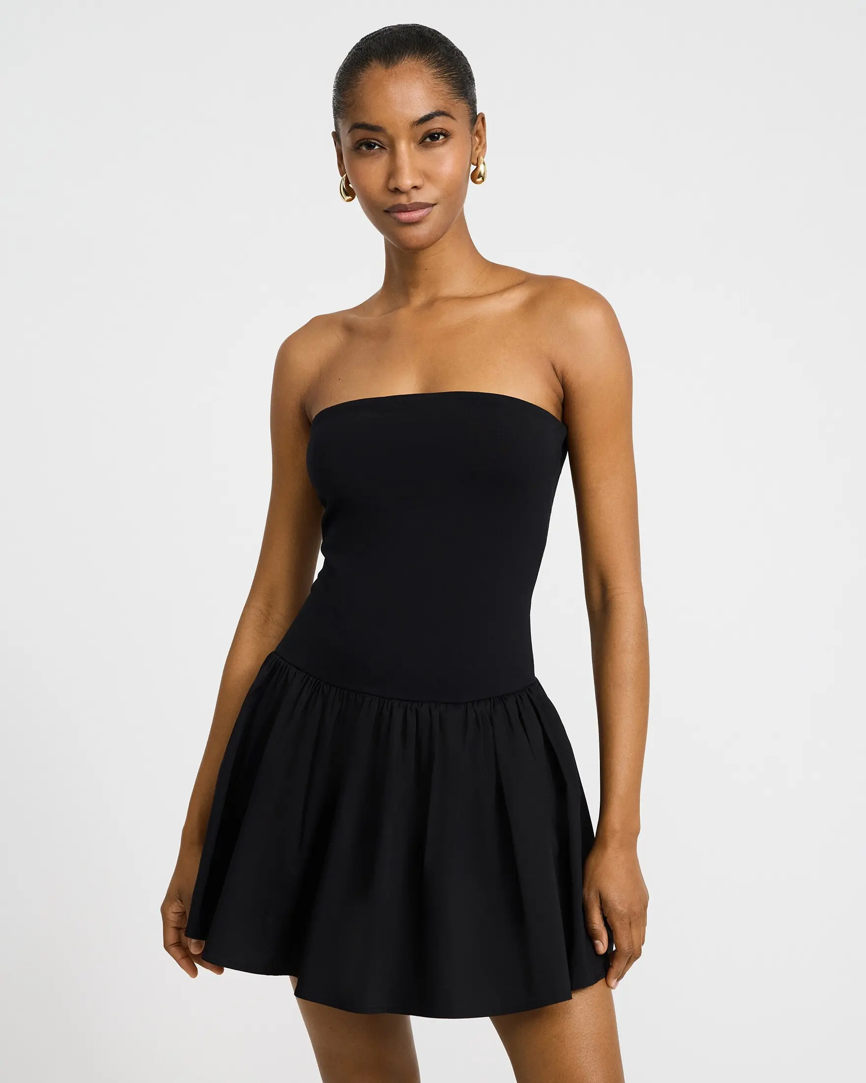 Express Mixed Media Strapless Drop Waist Bubble Hem Mini Dress with Pockets