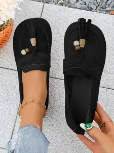 Women's Plain Fabric Slip-On Flats, Lightweight Casual Moccasins, Almond Toe Daily Shoes, Comfortable All Season Footwear, Walking Shoes