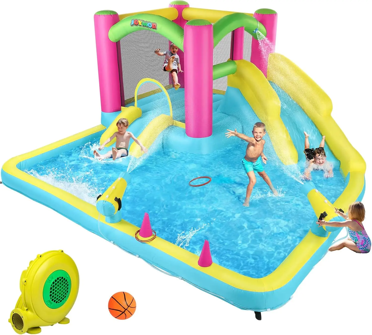 JOYMOR Inflatable Water Slide Bounce House for Kids with Double Slides Splash Pool with Blower for Outdoor Summer Play