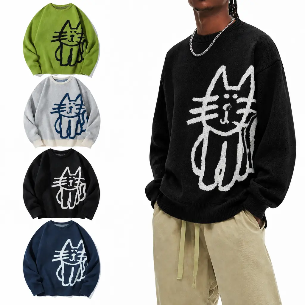#Sohochic Unisex Black Cat Graphic Knit Sweater - Vintage Oversized Cartoon Crewneck Pullover for Men and Women Y2K Streetwear