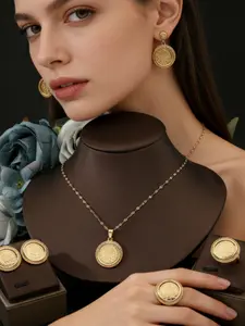 Vintage Turkish Gold Coin Jewelry Set, 18k Gold Plated Rhinestone Necklace Earrings Ring Trio, Casual Stainless Steel Accessories