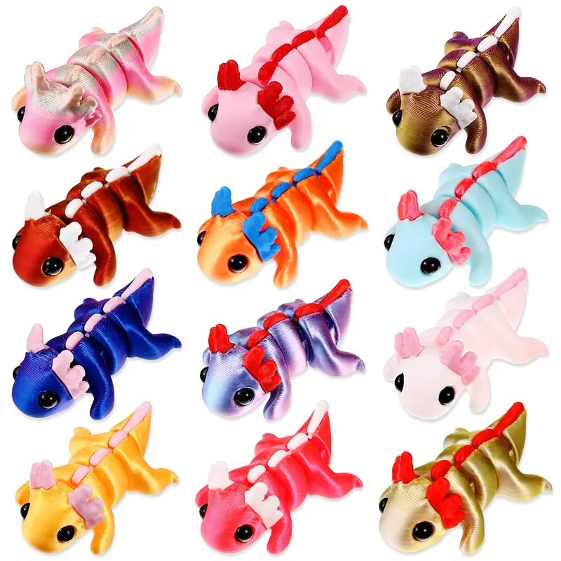 12 Pcs 3D Printed Axolotl Fidget Toy 3D Mini Animal Flexible Cute Articulated Small Stress Pet Relief Fidget for Kids Teens Adult Party Favors Home