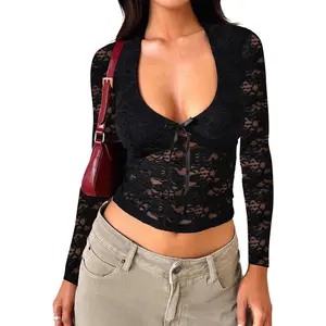 Women's Lace Long Sleeve Shirt Low Cut Y2K Slim Fit Top Bow Sexy Going Out Club Concert Clothes