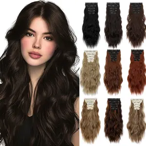 Dulchany Clip in Synthetic Hair Extensions Long Wavy 6 Count Thick Hairpieces Fiber Double Weft Natural Hair Extensions 20 Inch for Women Wavy Mix Blonde Highlight Blonde Wavy Hair Topper Clip Deep Wave Bundles