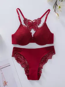 Women's Red Contrast Lace Butterfly Design Bra & Panty Two-piece Set, Solid Color Bra & Panty, Soft Comfy Breathable Underwear Set for Women Lady