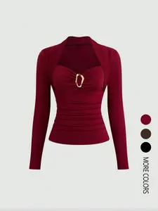 New women's long-sleeved T-shirt for spring and autumn, featuring a metallic embellishment and hollowed-out design, offering a slim fit, casual yet stylish look, Tops Fashion Chic Womenswear