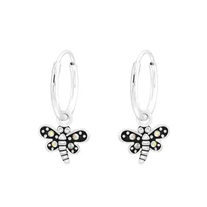 Hanging Dragonfly 925 Silver Hoop Earrings with AB Crystals