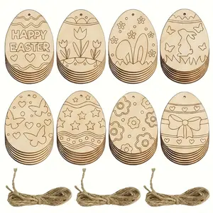 20-piece set of Easter wooden egg-shaped decorations, including 10 wooden pieces and 10 strings, Easter spring home hanging decorations DIY crafts