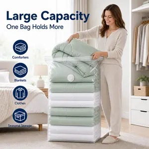 5 Pack Space Saver Vacuum Storage Bags, No Pump Needed Stand-Up Compression Bags with Airtight Valve & Double Zip Seal, Large Capacity Closet Organizer Bags for Comforters, Quilts, Blankets, Clothes, Bedding, Moving, Dorm & Seasonal Closet Storage