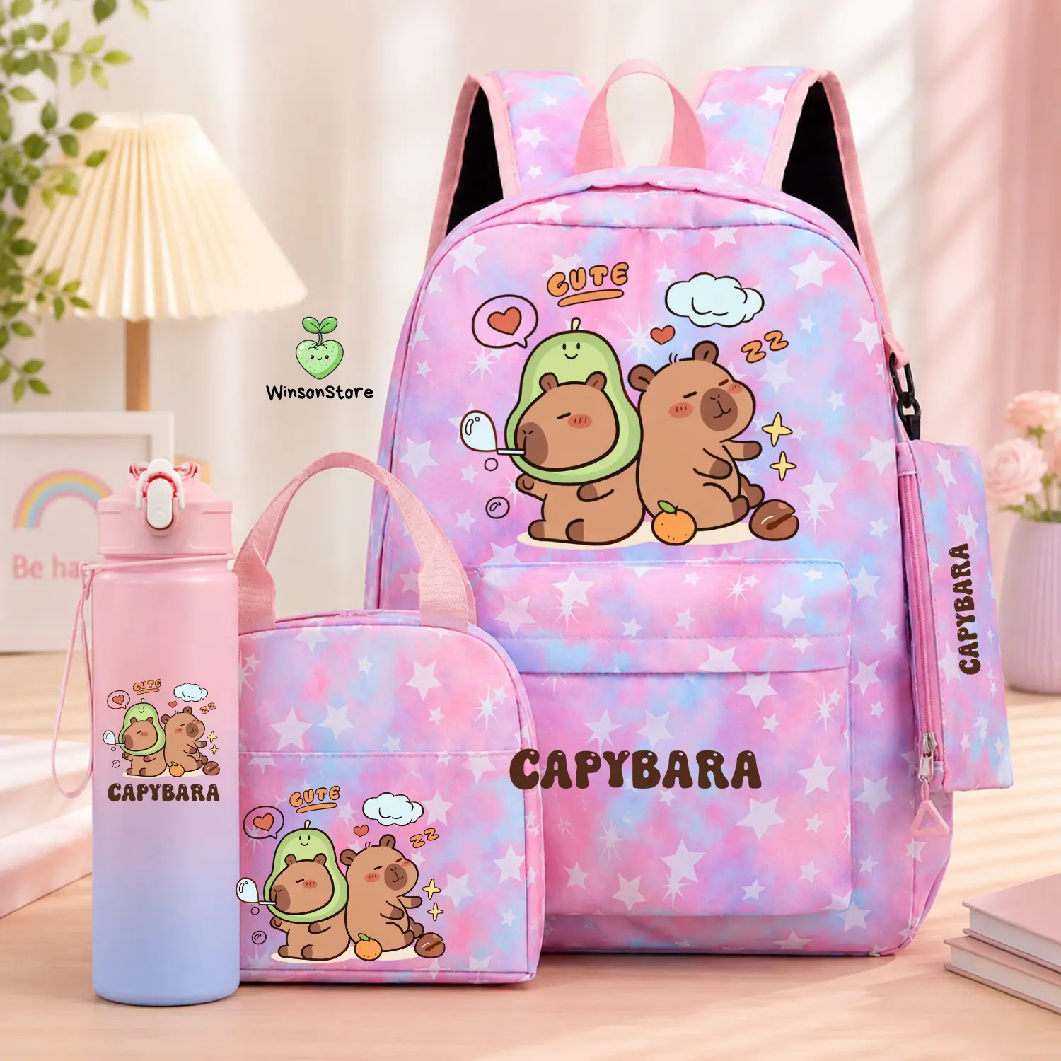 4PCS Capybara Girls Backpack Set with Lunch Bag, Pencil Case and Water Bottle for School