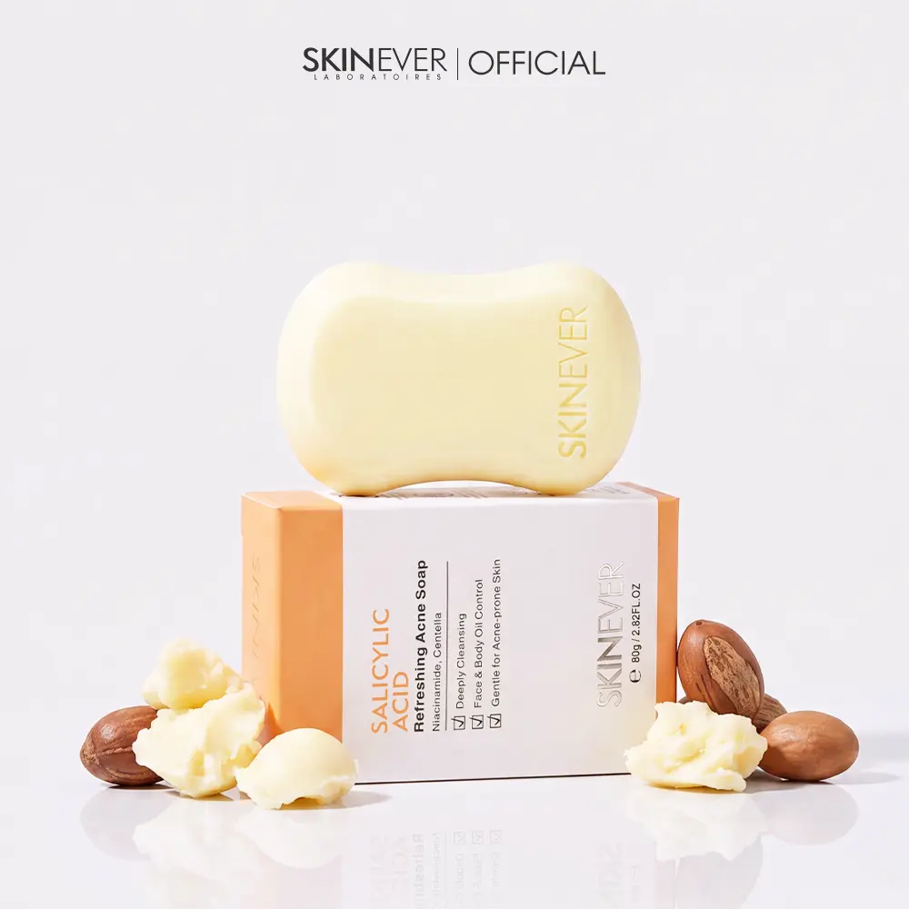 [SKINEVER] Salicylic Acid Anti-Acne Solid Bar Soap (80g) with Shea Butter, Cleansing All-Purpose Clarifying Exfoliator for Oily Skin, Pore Unclogging, Contains Neither Harmful Additives, Face & Body Use