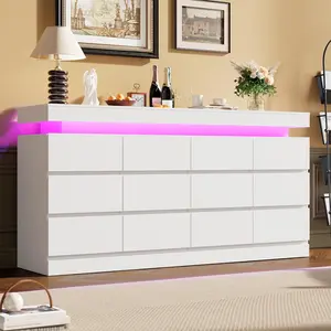 63 Inch LED Dresser with Charging Station Type C Port Modern 12 Drawer Dresser for Bedroom Living Room Glossy Finish Handleless Chest of Drawers Large TV Stand Console Table with Power Outlets Wire Hole Clothes Storage Cabinet