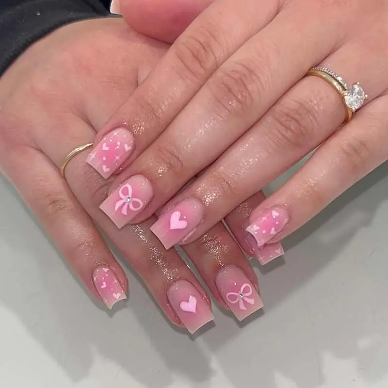 24-piece short European square press-on nails with pink gradient and white heart bow Nail Art Diy