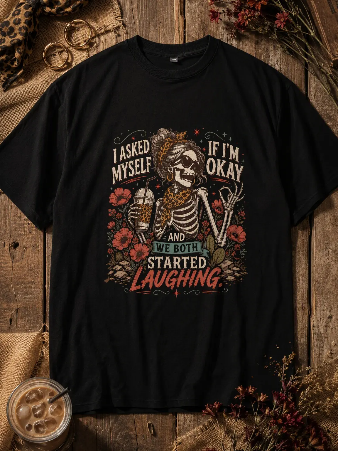 Men's "I Asked Myself If I'm Okay" Skeleton Short-Sleeve T-Shirt, Snarky Sarcastic Funny Mental Health Graphic Tee, Vintage Distressed Seamless Ribbed Knit Loose Fabric Top