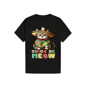 Men's Mexican Cat T-Shirt - Cinco de Meow Spanish Text & Sombrero Kitten Print, Black Casual Round Neck Tee for Cinco de Mayo Party Outfits, Funny Mexican-Themed Apparel