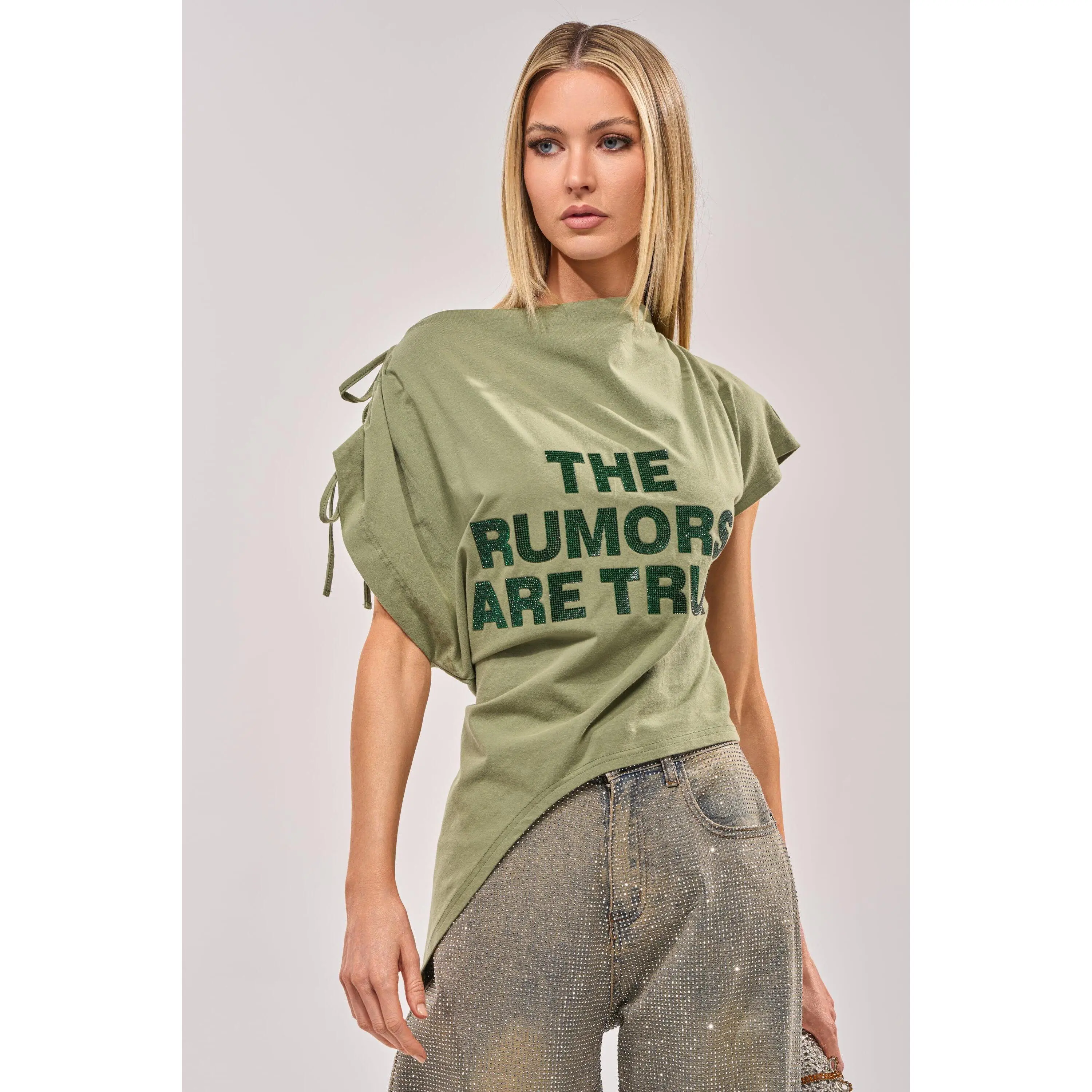 THE RUMORS ARE TRUE OFF THE SHOULDER OLIVE TEE