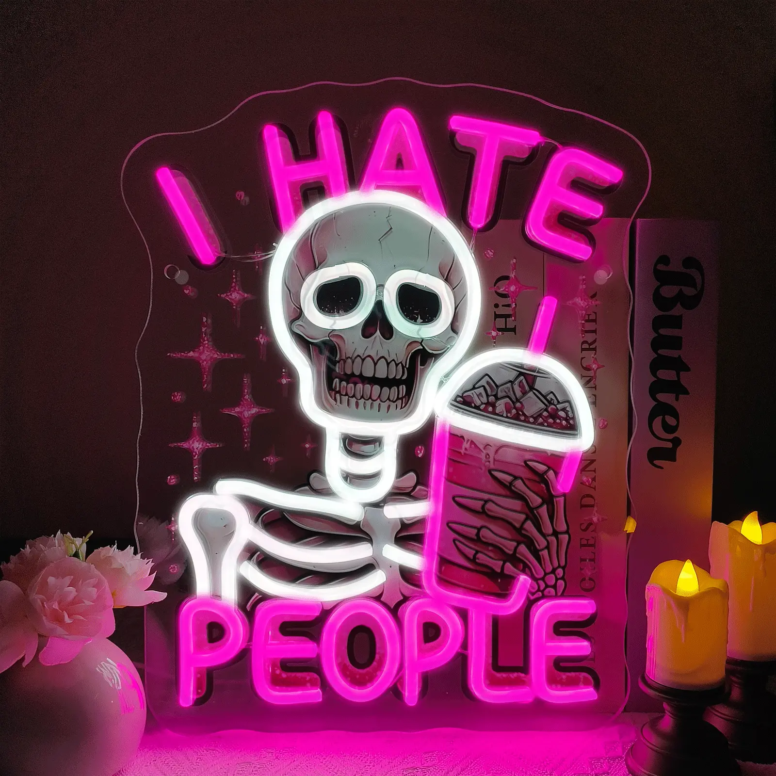 I Hate People Halloween Neon Sign, Halloween Skeleton Neon Light LED Gothic Sign USB Powered Dimmable, for Game Room Bedroom Bar Party Coffee Lover Decor, Birthday Gift(13.3 * 10.6 In)