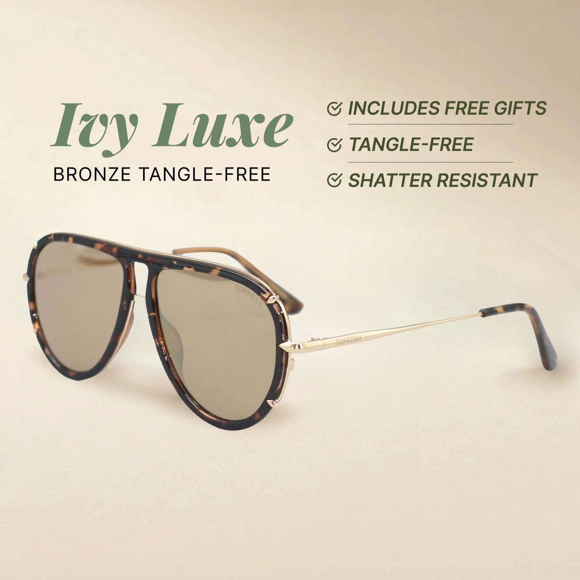 Ivy Luxe - Bronze - Tangle Free Aviator Sunglasses - Certified Shatter-Resistant Lenses - UV400 - For Women & Men Ivy Luxe - Bronze - Tangle Free Aviator Sunglasses - Certified Shatter-Resistant Lenses - UV400 - For Women & Men