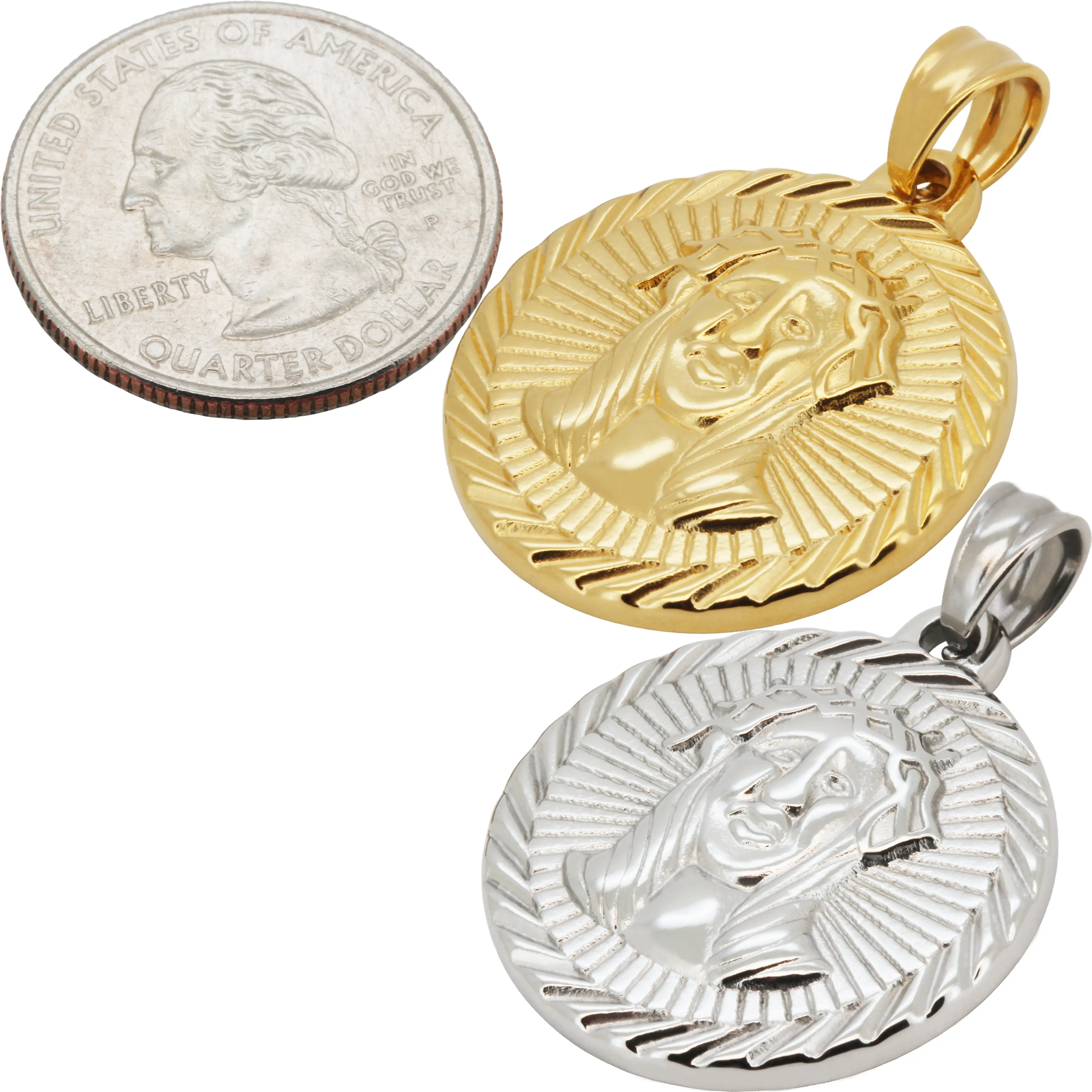 316L Stainless Steel 18k Yellow Gold Plated Sunburst Jesus Circle Medallion Pendant