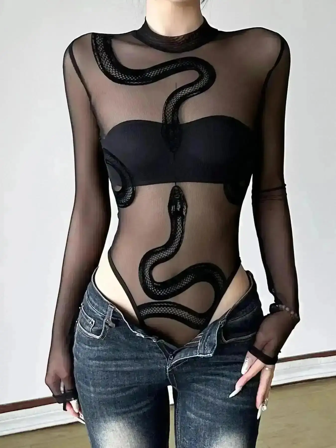 Luxury Sheer Velvet Snake Print Mesh Bodysuit, Sexy Slim-Fitting All-In-One for Summer, Elegant and Bold Fashion Statement, Date Night, Modern Classic Comfortable Stretchy Relaxed Lightweight Breathable Soft Fabric Daily