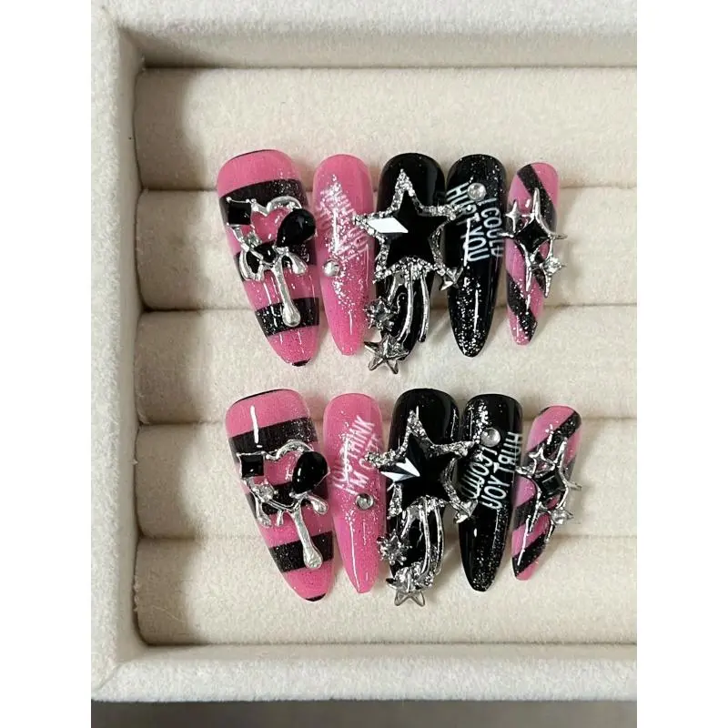 10 Pieces Of Long Water Drop Almond Tip Nails Handmade European And American Girl Striped Nail Art Sequins Fine Glitter