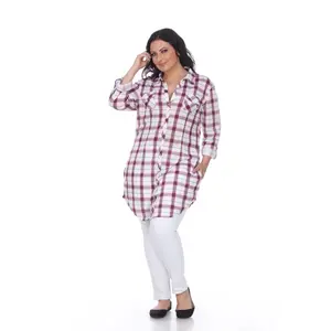 212 MAIN Dog & Cat Plaid Tunic Dress, PS17556-04-2XL Red & White 2XL, Soft Woven Yarn Fabric, Long Sleeves with Buttons, Lightweight Stretchy Clothes, True-to-Size Fit