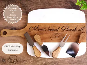 Personalized Marble & Acacia Charcuterie Board Set – Custom Engraved Gift with 4 Cheese Knives