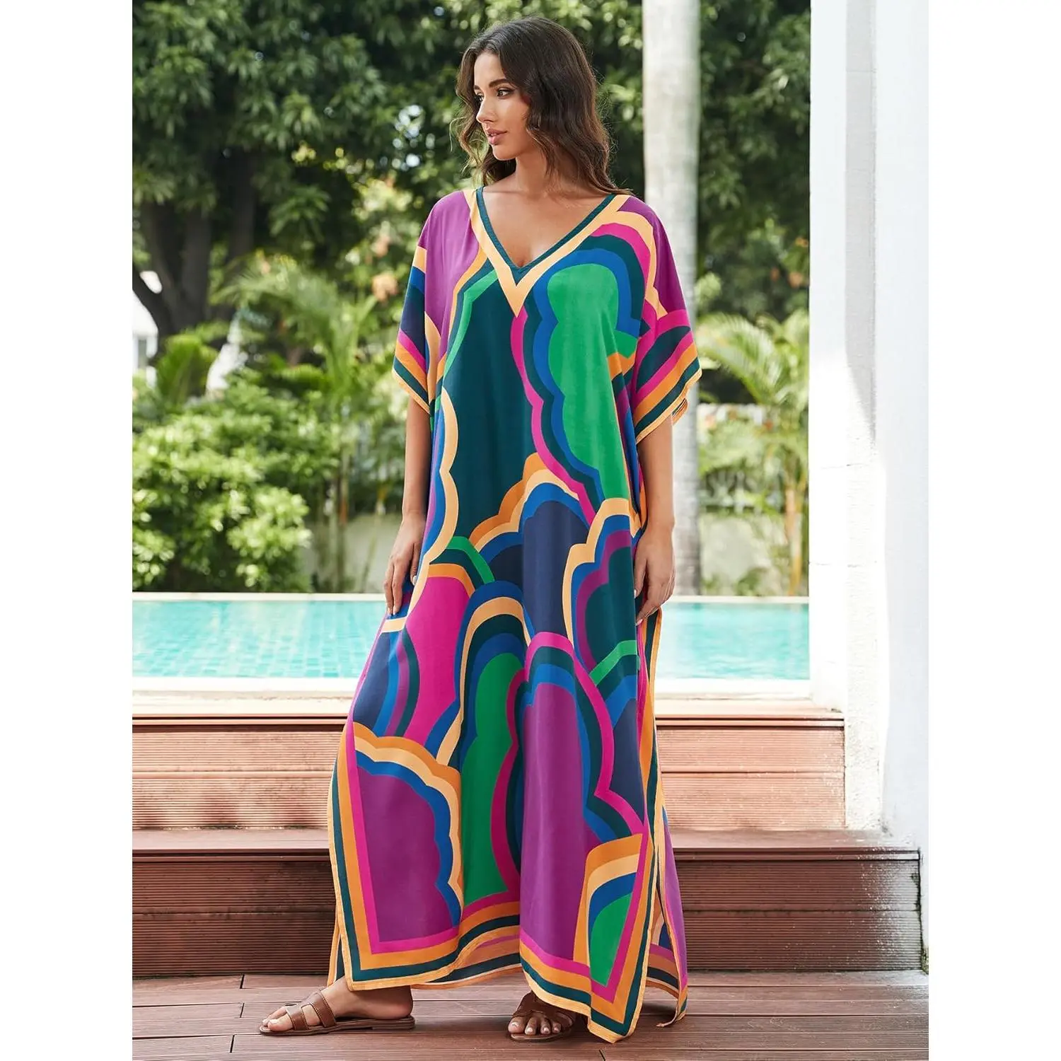 Women's Plus Size Loose Fit Moroccan Print V-Neck Batwing Kaftan Beach Dress Bathing Suit Cover Up