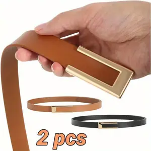 Set of 2 Women's Skinny PU Leather Belts - Adjustable Waist Belts with Golden Buckle,Black & Brown for Dresses,Pants - Casual, Daily Commute non-slip