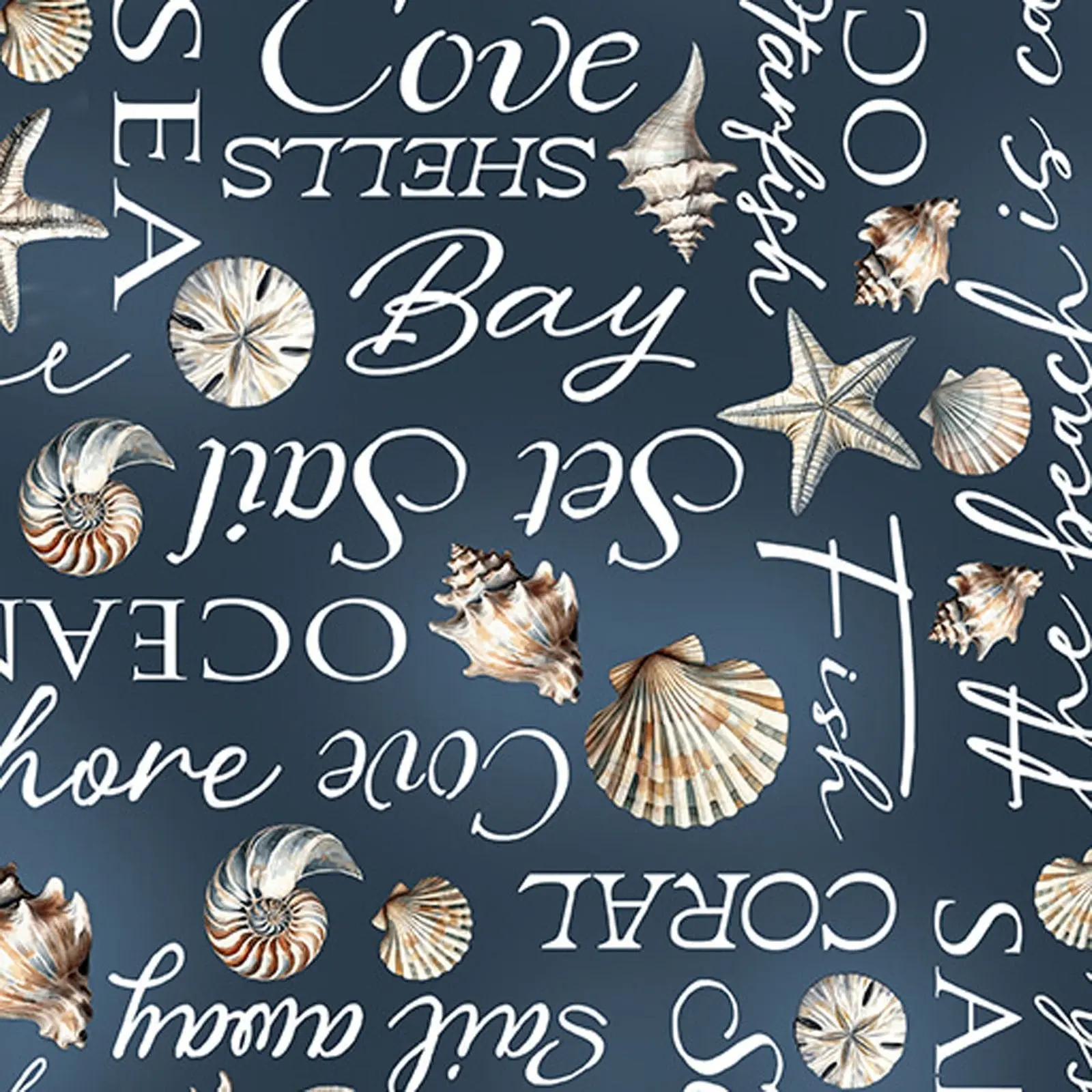 Benartex Coastal Escape Coastal Words Cotton Fabric – Nautical Seashell Beach Fabric