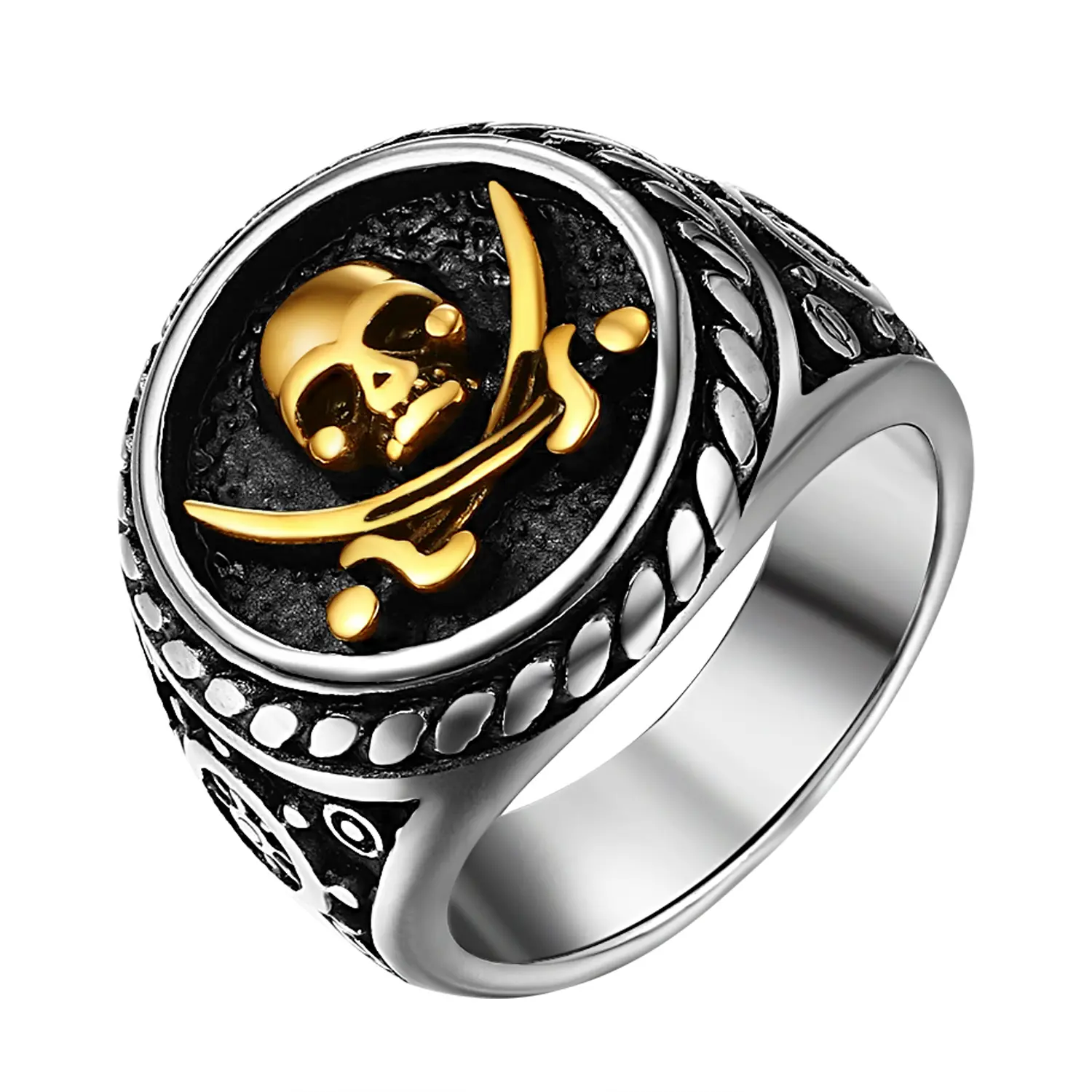 OIDEA Pirate Skull Dagger Ring for Men Stainless Steel Vintage Antique Biker Punk Two Tone Silver Gold Halloween Birthday Father Gift