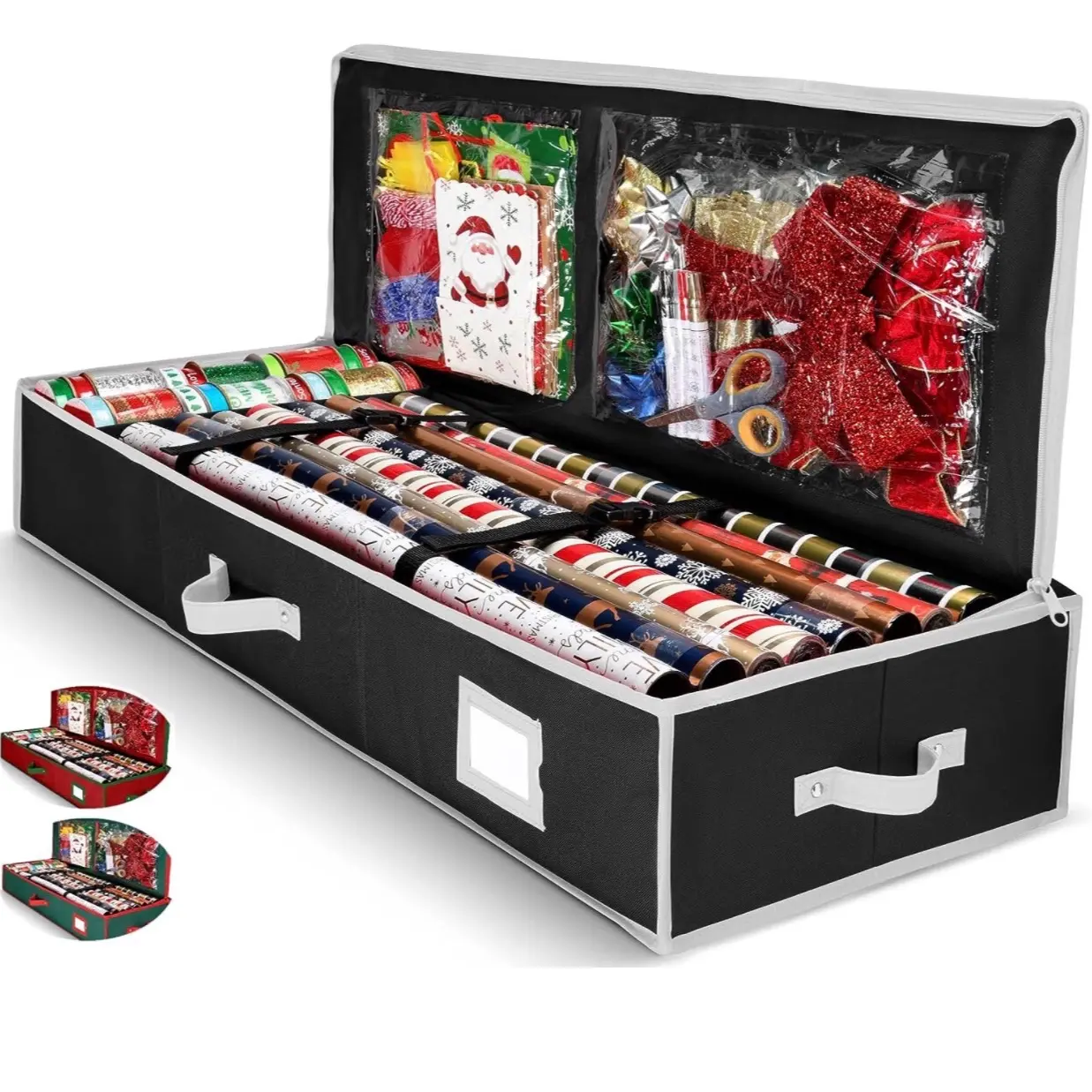 Gift Wrap Organizer, Christmas Wrapping Paper Storage Bag w/Useful Pockets for Xmas Accessories, Fits upto 24 Rolls, Underbed Storage for Holiday Decorations, Large Capacity Storage Box, 1 Count