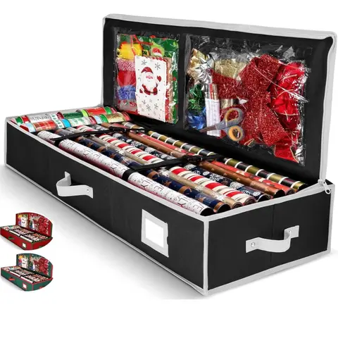 Gift Wrap Organizer, Christmas Wrapping Paper Storage Bag w/Useful Pockets for Xmas Accessories, Fits upto 24 Rolls, Underbed Storage for Holiday Decorations, Large Capacity Storage Box, 1 Count