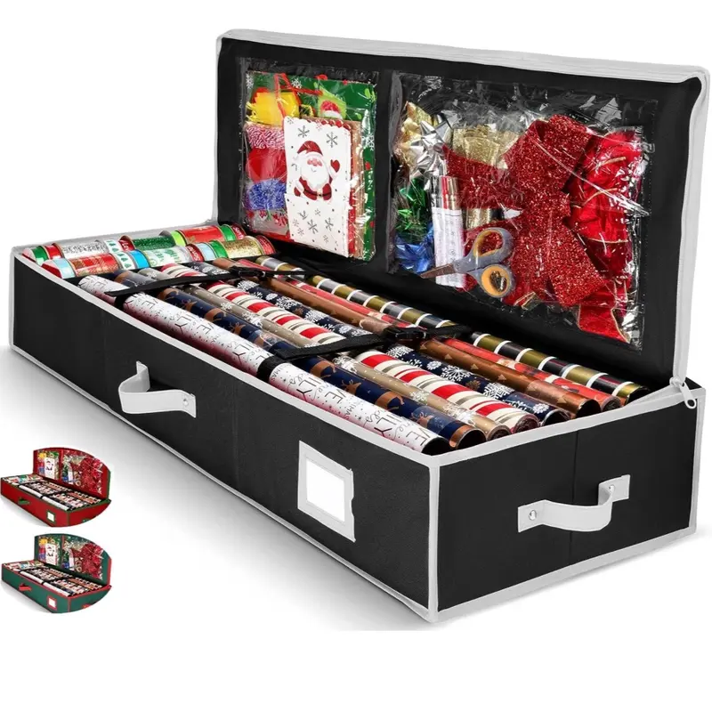 Gift Wrap Organizer, Christmas Wrapping Paper Storage Bag w/Useful Pockets for Xmas Accessories, Fits upto 24 Rolls, Underbed Storage for Holiday Decorations, Large Capacity Storage Box, 1 Count