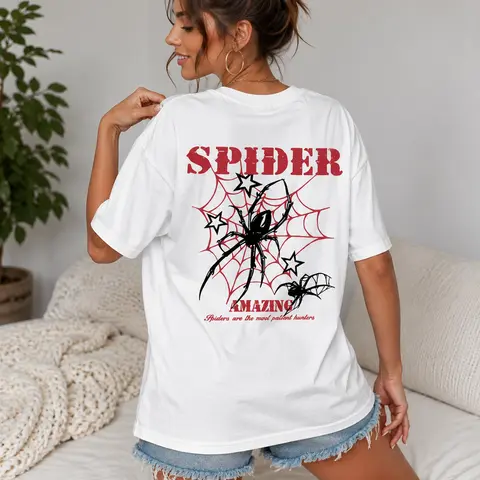 Unisex 100% Cotton "Spider Wonder" Graphic T-shirt - Streetwear Apparel, Red Webs & Black Insect Design, Casual Round Neck Shortsleeve Top for Men Women