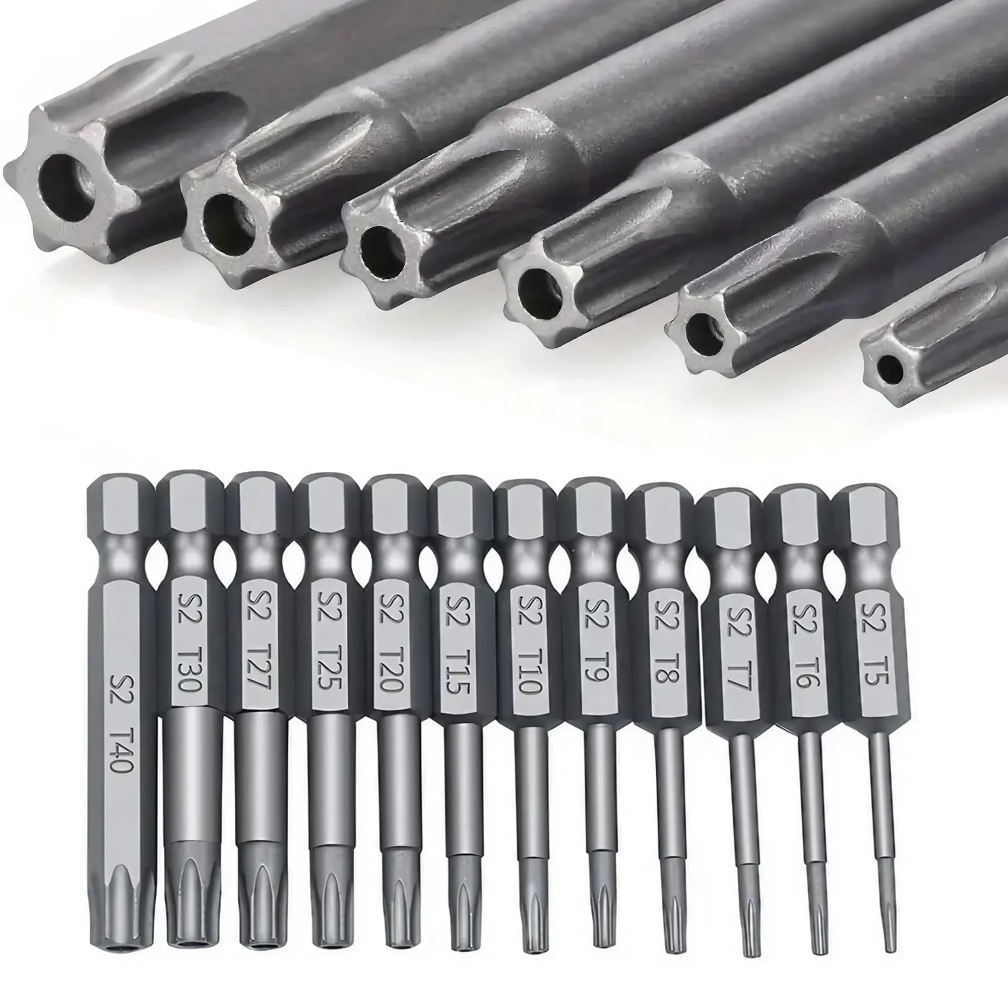 Magnetic Torx Head Screwdriver Bit Set, S2 Steel Long Drill Bits with 1/4 Inch Hex Shank and Security Torx Bits, Replaceable Screwdriver Bits, Metal Bits